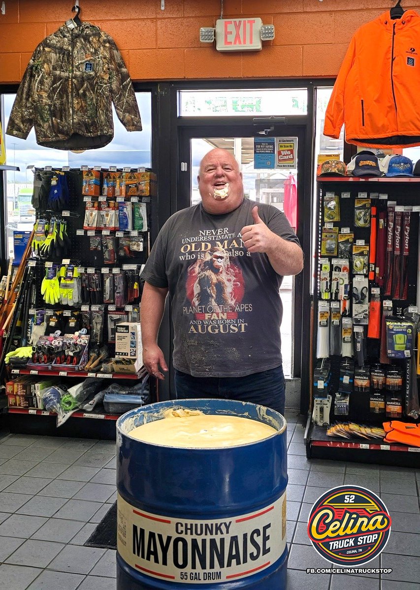 Celina 52 customer Paul came in this morning and redeemed his 367,000 Reward Points for a 55 Gallon vat of our Lumpy Mayo with a 4 year shelf life if stored properly. He plans to use the mayonnaise during the upcoming apocalypse.

Congratulations Paul! Keep Cranking the Hog!