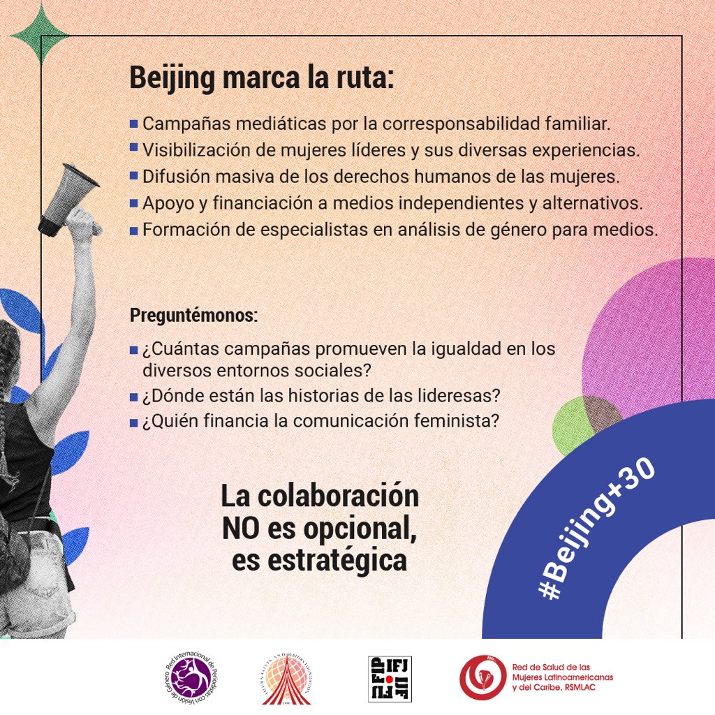 #CapítuloJ #Beijing30 #RIPVG #MujeresPeriodistas 
📣 El cambio requiere alianzas estratégicas: medios, organizaciones, sector privado e instituciones. ¡Juntos podemos lograr una representación justa de las mujeres en los medios de comunicación!