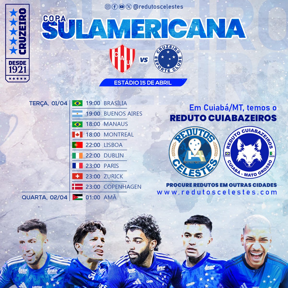 Vamos em busca pela conquista da Sul-americana. E nossa primeira batalha será contra o Unión Santa Fé, na Argentina.

Estaremos apoiando o <a href="/Cruzeiro/">Cruzeiro 🦊</a> em diversas cidades pelo mundo, procure o Reduto mais próximo de você.

#Cruzeiro #RedutosCelestes #Sulamericana2025