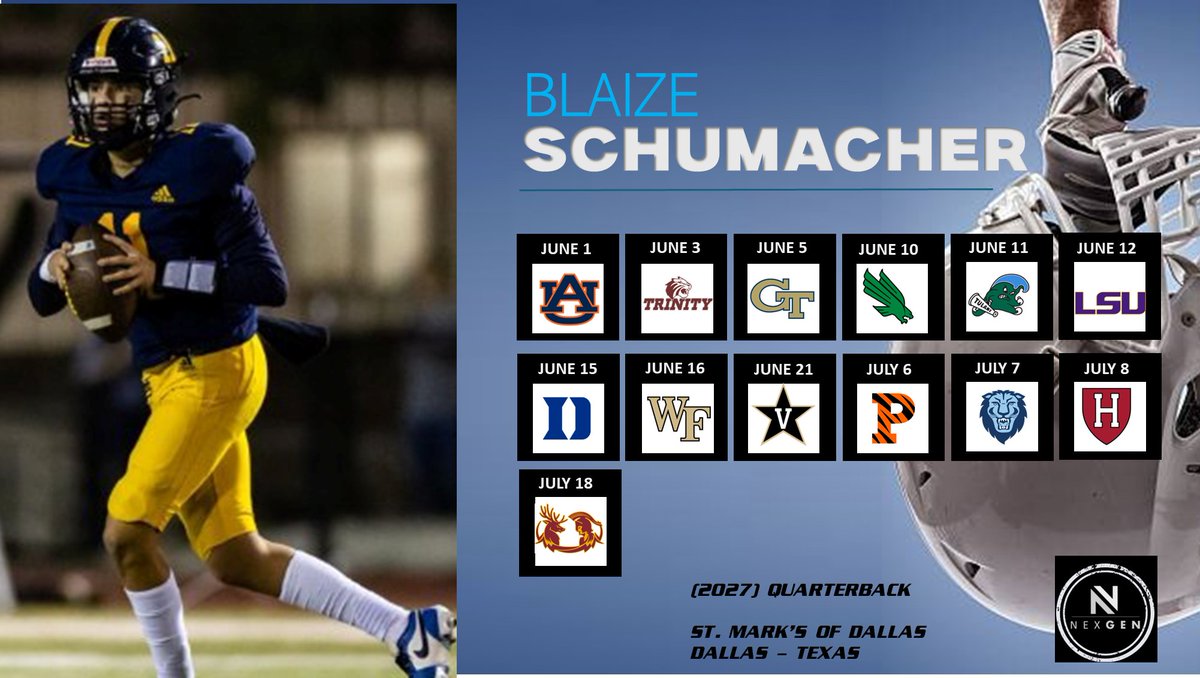 2025 NexGen recruit Summer Camps
⏩2027 QB Blaize Schuhmacher <a href="/BlaizeSchu/">Blaize Schuhmacher</a> 
Sr. Mark's <a href="/SMTXfootball/">St. Mark's Football</a> 
Dallas (TX)
📍<a href="/AuburnFootball/">Auburn Football</a>
📍<a href="/TUFootballTX/">Trinity University Football</a>
📍<a href="/GeorgiaTechFB/">Georgia Tech Football</a>
📍<a href="/MeanGreenFB/">UNT Football</a>
📍<a href="/GreenWaveFB/">Tulane Football</a>
📍<a href="/LSUfootball/">LSU Football</a>
📍<a href="/DukeFOOTBALL/">Duke Football</a>
📍<a href="/WakeFB/">Wake Forest Football</a>
📍<a href="/VandyFootball/">Vanderbilt Football</a>
📍<a href="/PrincetonFTBL/">Princeton Football</a>