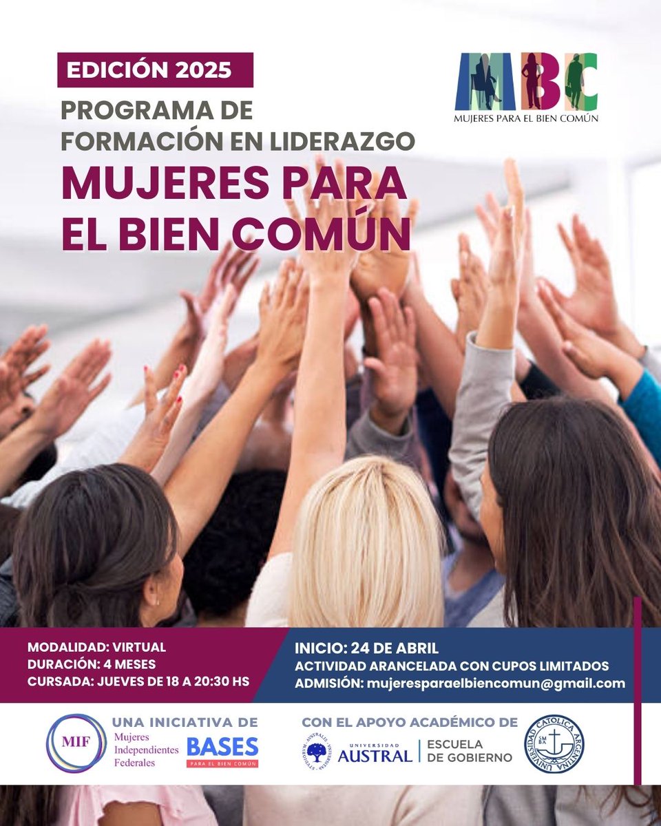 Convocatoria abierta: Mujeres para el Bien Común 2025 

📢 Buscamos mujeres líderes con compromiso social para formarse en liderazgo y participación pública.

💻 Virtual
📅 Inicio: 24/04
⏳ 4 meses

📌 Inscribite   forms.gle/vwPkxY4P46JT3Y…
<a href="/MifMujeres/">MIF Mujeres Independientes y Federales</a> <a href="/basesbiencomun/">Bases para el Bien Común</a>