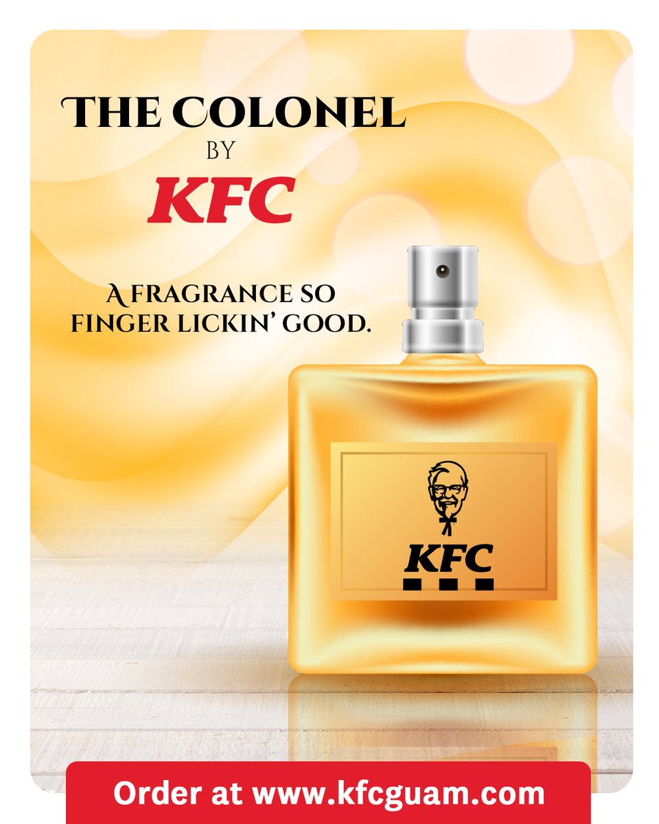 KFC_Guam's tweet photo. Smell finger-lickin’ good (literally)! Introducing Eau de Colonel!🍗💨

The irresistible scent of 11 herbs &amp; spices, now bottled for those who truly live for fried chicken! Would you wear it? 👀 😂

#KFCGuam #KFCAprilFools #SmellTheFlavor https://t.co/GB3S52bZXv