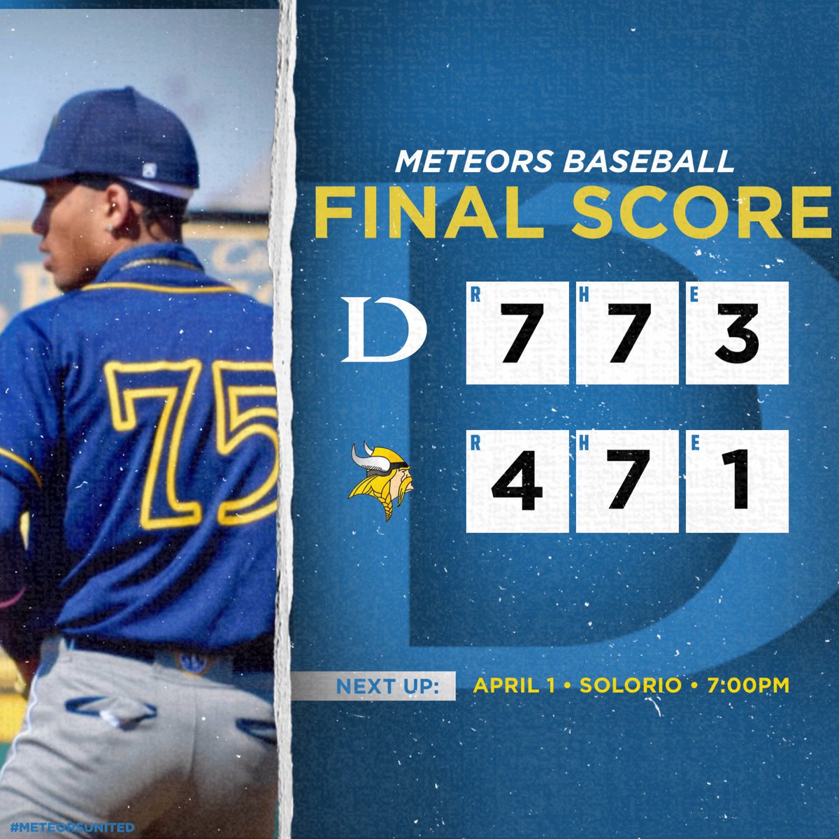 Meteors take down the Vikings! Kaleb Navarro was 2-4 with 2 RBIs. Jenaro Negron and Beckett Hulten added 2 RBIs. On the mound, Mateo Acevedo went 3 innings, only allowing 2 earned. Francisco Rodriguez threw 4 innings in relief and picked up the win!