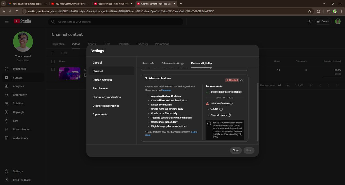 geokerd's tweet photo. @TeamYouTube my application for advanced features was denied, then shortly after it told my I violated community terms and services, but I never got any type of email of what I violated. Plus this channel is a new channel under a new email. What did I do? https://t.co/PCAJDb6wUc