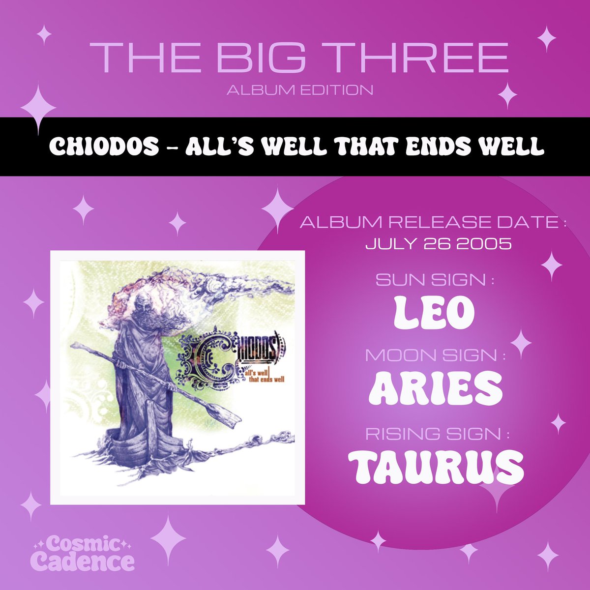 Big 3 reveal for <a href="/chiodos/">Chiodos</a>’ All’s Well That Ends Well! ✨To hear more about what these signs mean for the album, listen to our latest podcast episode!💜

linktr.ee/cosmiccadencep…

#chiodos #allswellthatendswell #craigowens #posthardcore #emo #elderemo #scene