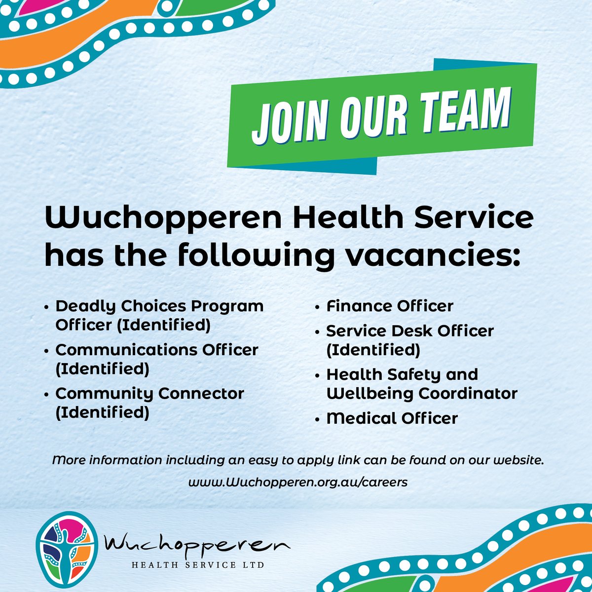 Join Our Team!

Wuchopperen Health Service are recruiting!

Wuchopperen.org.au/careers

#JoinOurTeam
#WuchopperenHealthService
#KeepingOurGenerationsGrowingStrong