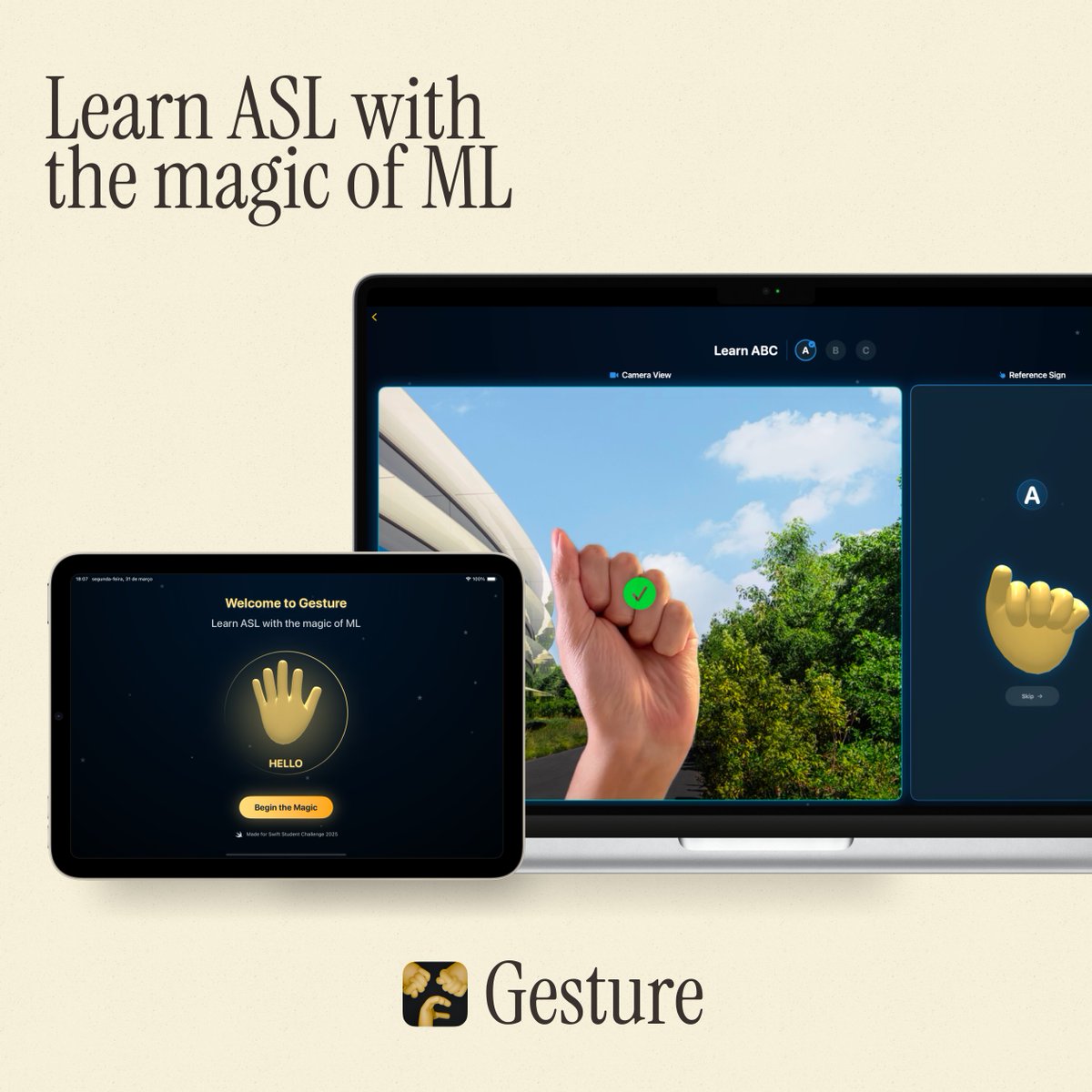JoaoFranco_03's tweet photo. Say hi to Gesture! 👋

The idea for Gesture came from my belief that learning sign language should be as easy and fun as any other language. Using real-time machine learning and animated 3D models, it helps users practice ASL with instant feedback.

#WWDC25 #SwiftStudentChallenge https://t.co/UPvIkhZGYY