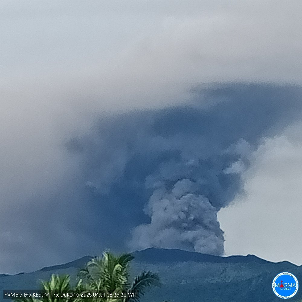 volcaholic1's tweet photo. Indonesia: Mount Dukono erupted on Tuesday, April 1, 2025, at 08:10 WIT. The height of the eruption column was observed to be ± 1000 m above the peak (± 2087 m above sea level). https://t.co/5aftrg0FZK