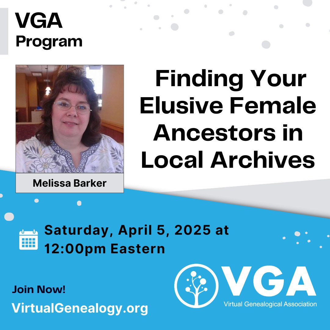 Upcoming VGA Program with The Archive Lady on Saturday, April 5th!
virtualgenealogy.org/2025/03/20/fin…

#Genealogy #VirtualGenealogy #FamilyHistory