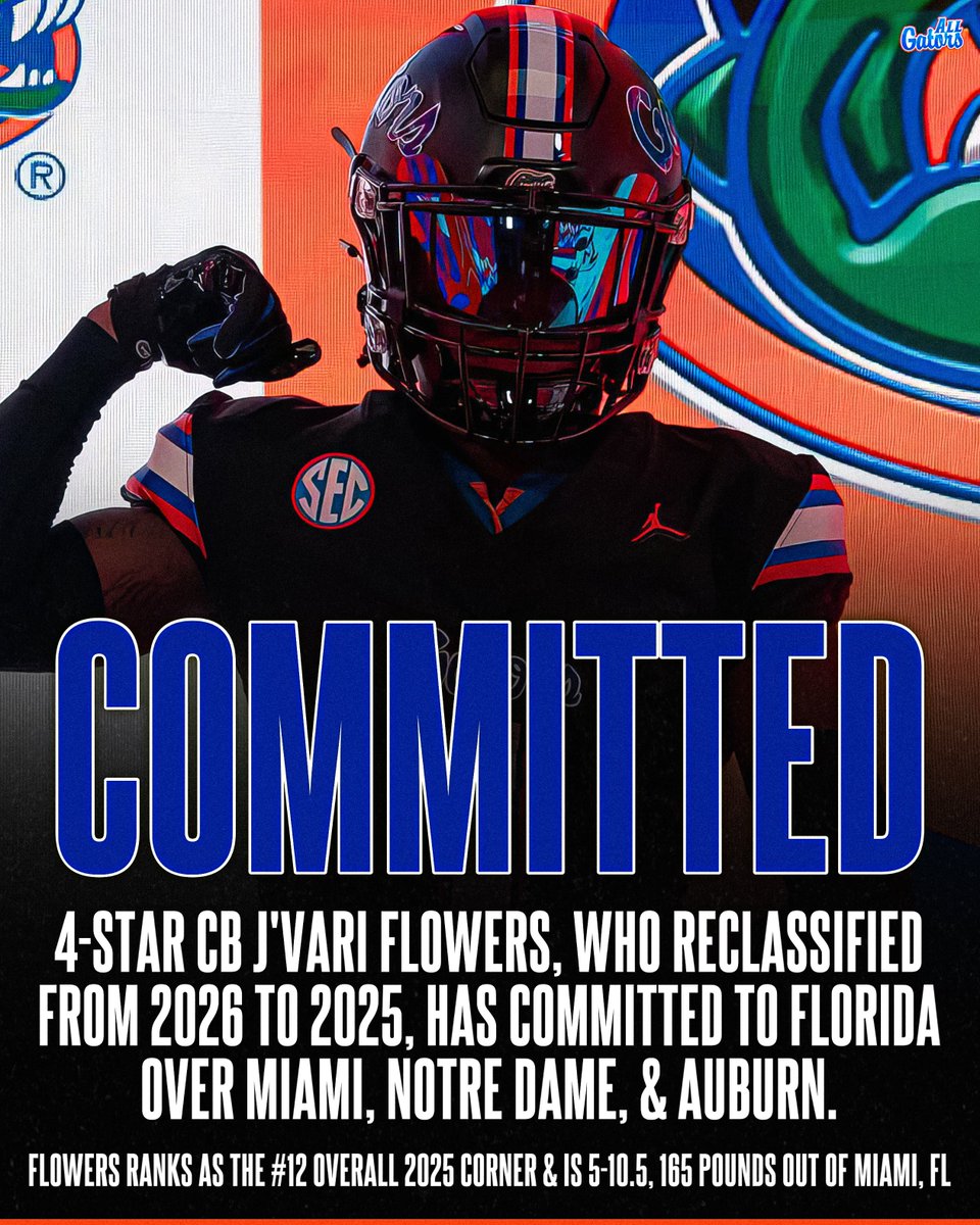 Gators make a late addition to the 2025 class with 4-Star Top-85 prospect J’Vari Flowers. 🐊🔥

The Miami, FL CB visited The Swamp earlier this month. 

(Via <a href="/Hayesfawcett3/">Hayes Fawcett</a>)