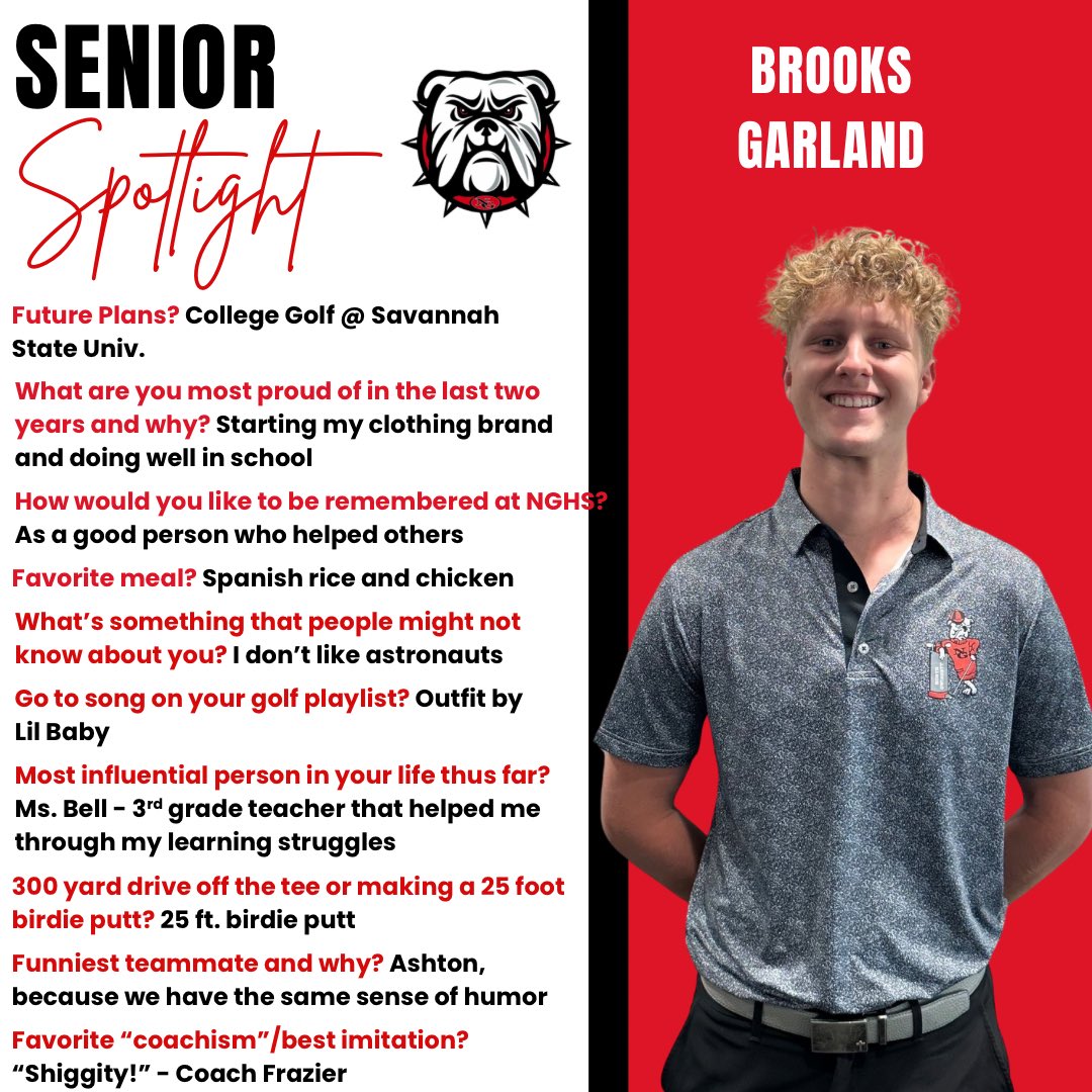 It is SENIOR WEEK for our North Gwinnett golfers - always a great few days when we stop to recognize and appreciate our outgoing seniors! 

First senior spotlight of the week - Brooks Garland!

#NorthGolf ⛳️🏆🐾