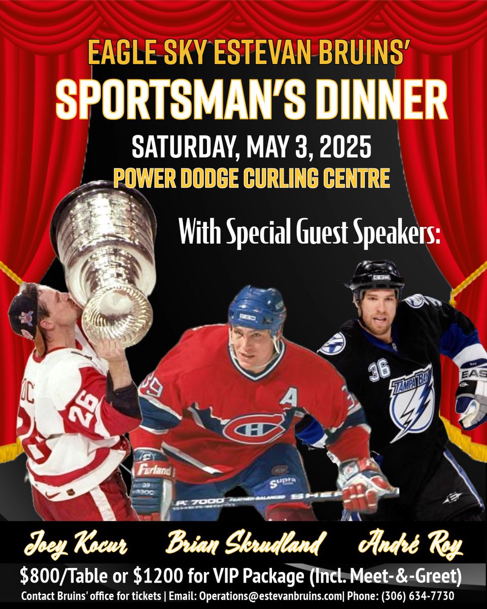 ‼️ Attention fans‼️

We’re pleased to announce our guest speakers for our 2025 Sportsman’s Dinner!! 

Joey Kocur, Brian Skrudland &amp; André Roy will be our guest speakers, sharing stories and lots of laughs from their NHL days!! 🤩🏒

Tickets &amp; full details:
tickets.estevanbruins.com/events/35173-e…