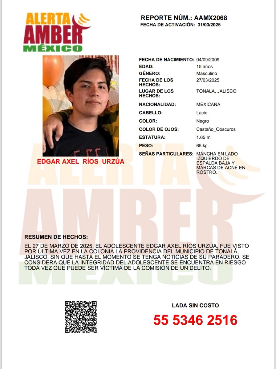 #AlertaAMBER solicita su apoyo y RT para la búsqueda y localización del adolescente EDGAR AXEL RÍOS URZÚA de 15 años de edad.