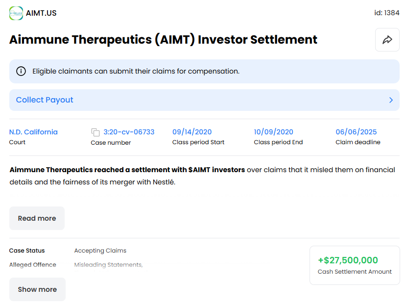 11thestate's tweet photo. For all $AIMT investors who may have missed the latest news:
Thereโs a chance to recover some funds. If you bought in 2020 during the Nestlรฉ merger, itโs definitely worth your time. #Aimmune #AIMT https://t.co/9gC5XOpv48
