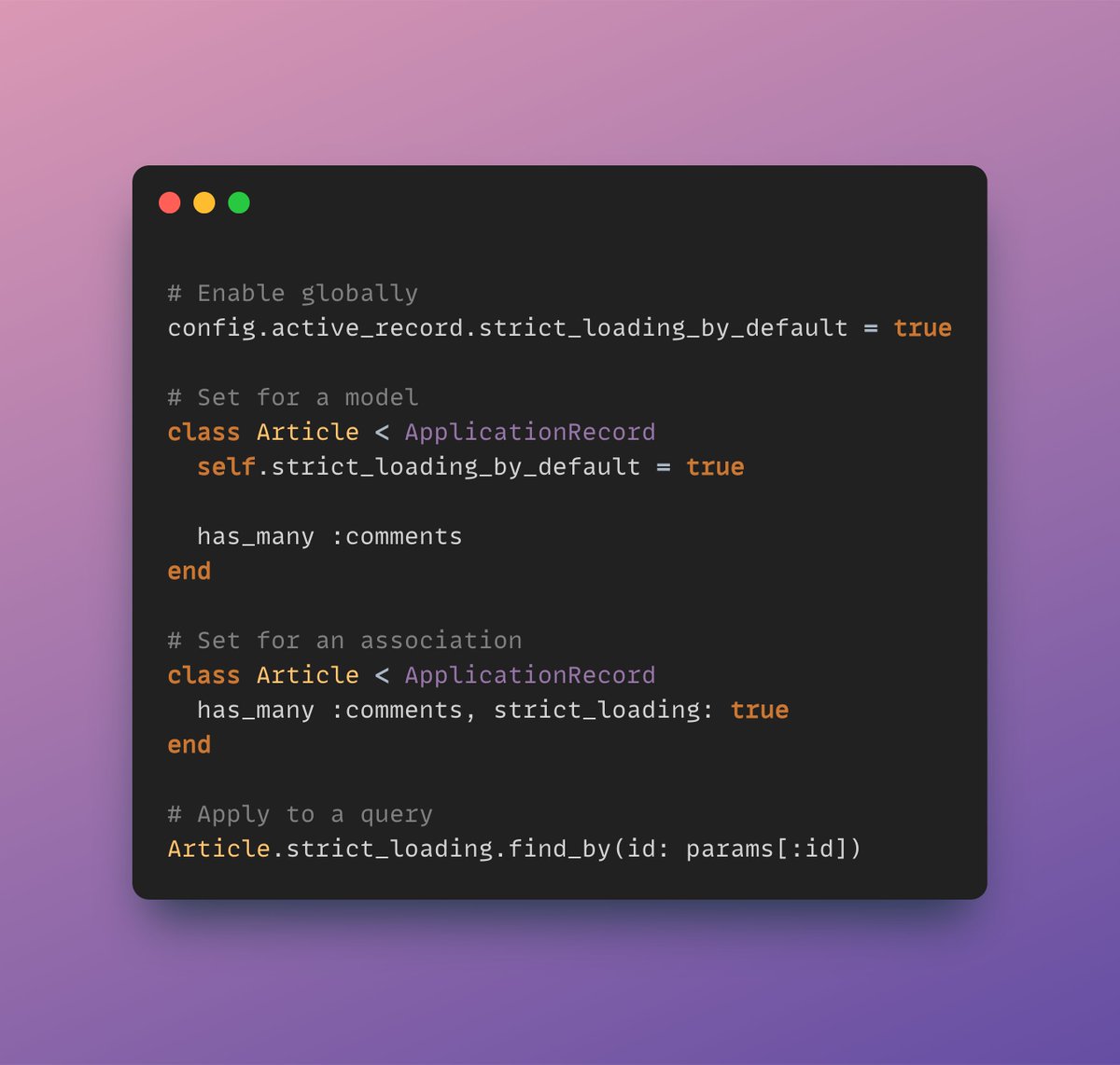🚀 Avoid N+1 queries in #rails with strict_loading

Lazy loading is the default behavior in #activerecord, where associated records are fetched only when accessed. This can lead to N+1 queries, negatively affecting performance.

strict_loading forces eager loading of