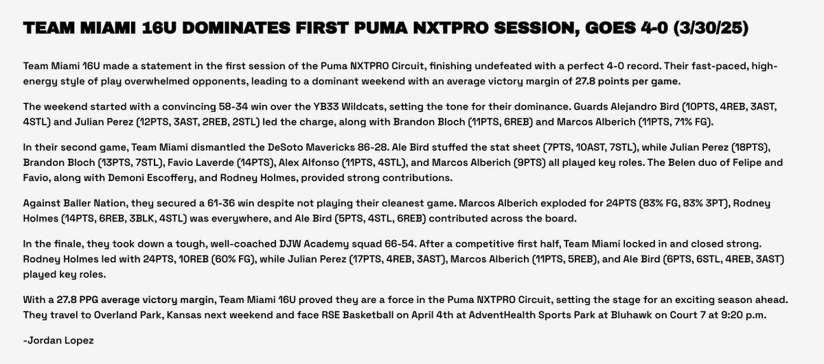 TeamMiamiAAU's tweet photo. Different Speed + Different Energy = Team Miami Mentality 💨🌴 

Team Miami 16U didn’t just win—they dominated. Undefeated in their first Puma NXTPRO session with blowout victories! Their intensity, skill, and tempo make them one of the toughest teams to play against 🔥 https://t.co/AYSlDqrhnE