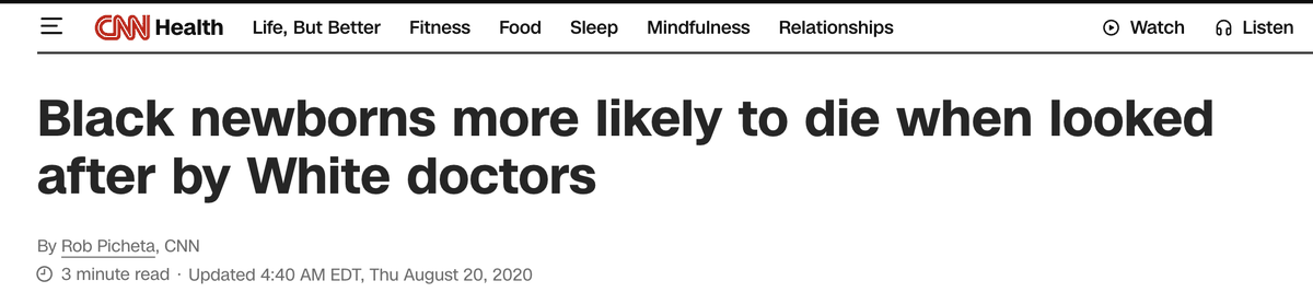 AGHamilton29's tweet image. Wow.

So in 2020, a study went viral claiming that Black infants have a much lower survival rate if cared for by White Doctors.

It was covered by almost every major outlet. 

SCOTUS Justice Ketanji Jackson even cited it in a dissent.

Only it turned out to be completely false.