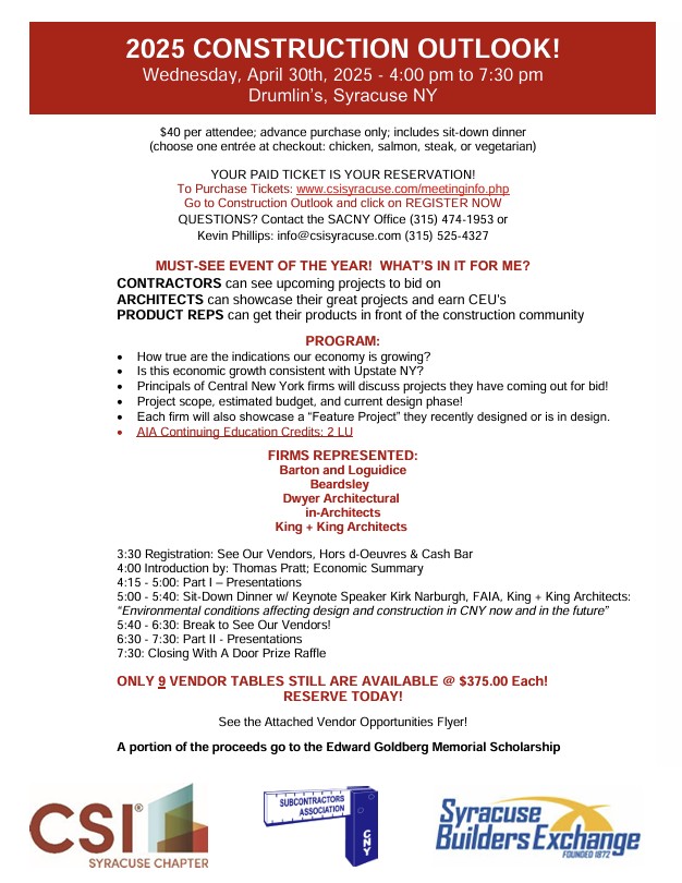 CSISyracuse's tweet image. Construction Outlook is the must-see event of the year in Central New York!

Kirk Narburgh, FAIA, CEO / Managing Partner at King + King Architects has been added as the Keynote Speaker!  Barton and Loguidice has been added as a presenter!  

csisyracuse.com/meetinginfo.php