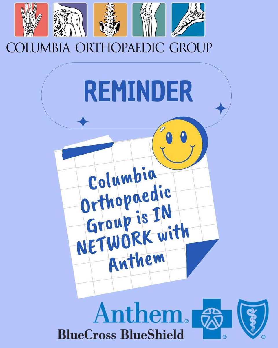 Columbia Orthopaedic Group is IN-NETWORK with Anthem! Anthem members can receive expert orthopaedic care from our highly skilled team with the benefits of in network coverage. 

We have same day appointments available as well. Call our appointment line at (573) 876-8141.