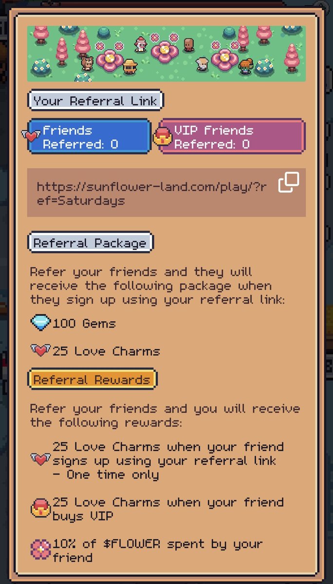 Saturday ♚ (@saturday4lyf) on Twitter photo Let's play <a href="/0xSunflowerLand/">Sunflower Land</a> today, use my referral link and you will received :
100 Gems
25 Love Charms
sunflower-land.com/play/?ref=Satu… Let's play <a href="/0xSunflowerLand/">Sunflower Land</a> today, use my referral link and you will received :
100 Gems
25 Love Charms
sunflower-land.com/play/?ref=Satu…