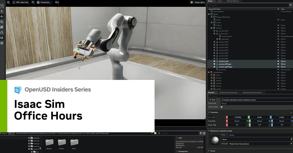 NVIDIARobotics's tweet image. Join our Isaac Sim Office Hours this Wednesday at 11 AM PT. 

Don’t miss the chance to chat with our #robotics experts for hands-on support as they guide you through #ROS 2 workflows and Isaac Sim.

🗓️addevent.com/event/EJ253088…