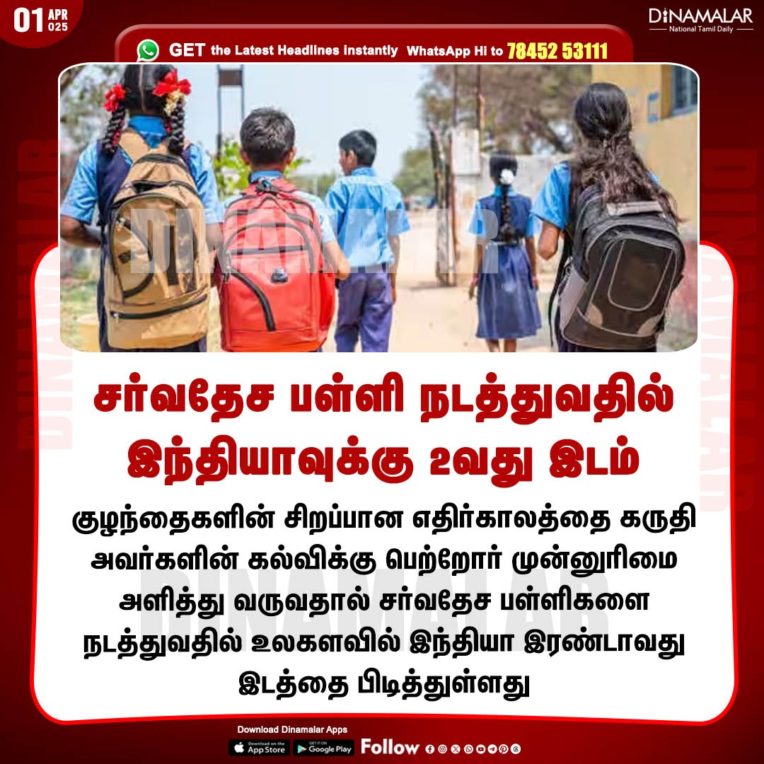dinamalarweb's tweet image. சர்வதேச பள்ளி நடத்துவதில் இந்தியாவுக்கு 2வது இடம்
#InternationalSchool |#future |#children
dinamalar.com