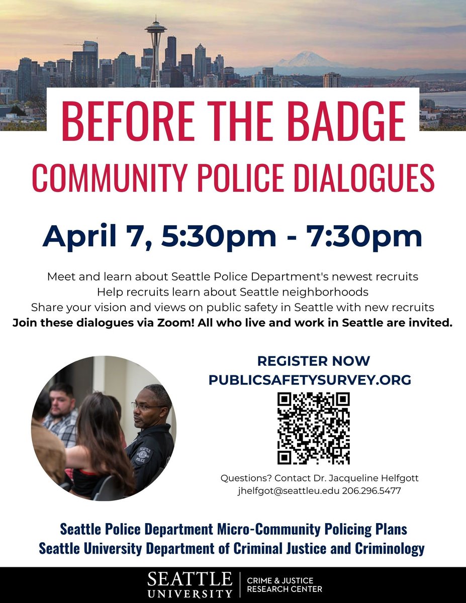 The next Seattle Police Department Before the Badge Community-Police Dialogue is coming up next Monday night April 7, 2025. nextdoor.com/city/post/3921… via <a href="/Nextdoor/">Nextdoor</a> <a href="/SeattleUCJ/">SeattleU Criminal Justice, Criminology & Forensics</a> <a href="/SeattlePD/">Seattle Police Department</a> <a href="/seattleu/">Seattle University</a> <a href="/SUNewsroom/">SeattleU Newsroom</a> <a href="/SeattlePF/">Seattle Police Foundation</a> @spdmcpp