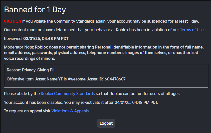 Brandon302_YT's tweet photo. ROBLOX BANNED ME 3 TIMES LIVE ON STREAM ⚠️
I was hit with 75+ warnings and banned 3 times over a shirt I made 7 YEARS ago.
I am unable to delete the shirt from my account because roblox doesnt have a feature like that yet.
Please fix this, Roblox... 🙏 https://t.co/NHCYBqqS8v