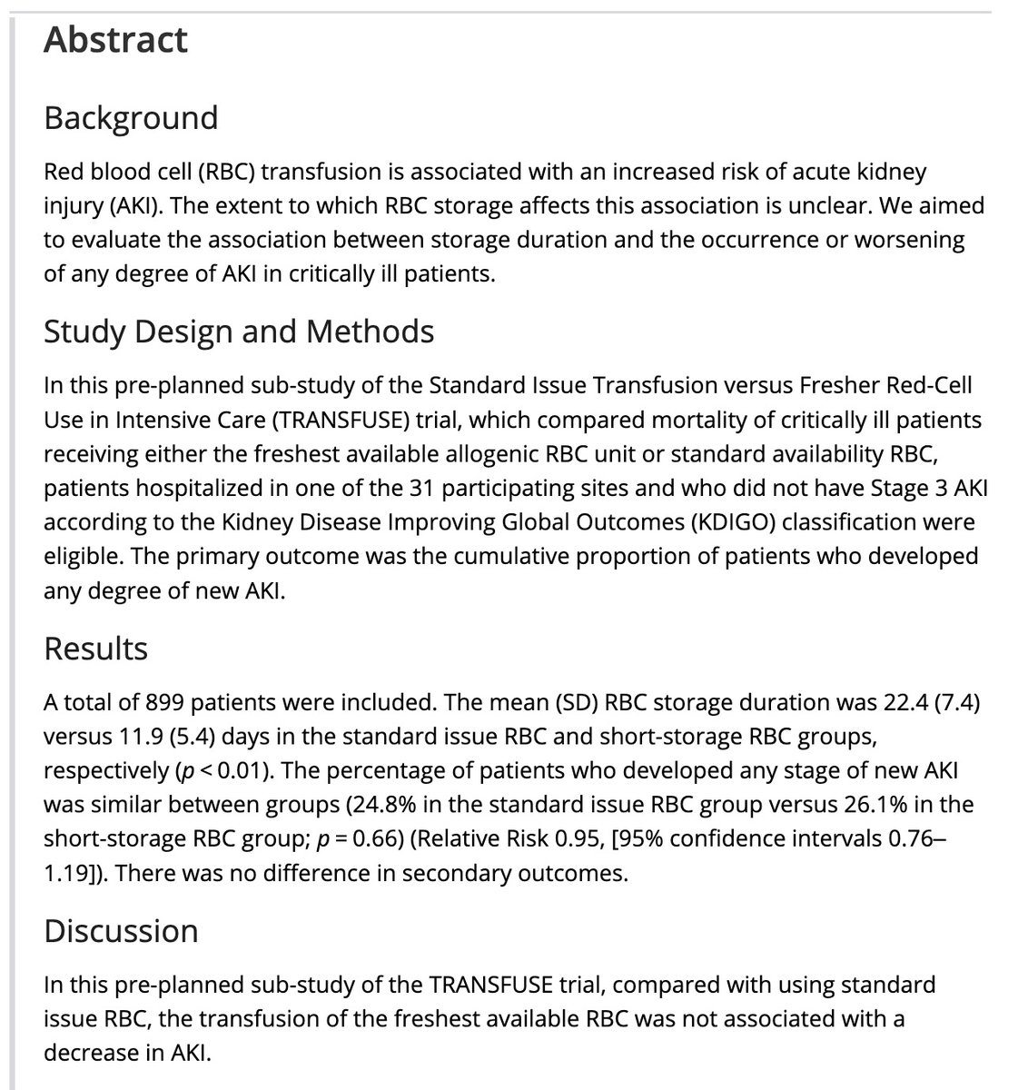 We have a new publication in Transfusion: The impact of red blood cells storage duration on the development of acute kidney injury: A secondary analysis of the TRANSFUSE multicenter randomized controlled trial

onlinelibrary.wiley.com/doi/10.1111/tr…