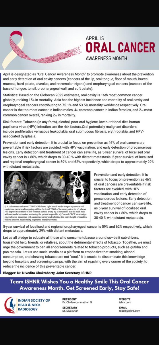 Dr. Nivedita Chakrabarty (@drniveditac) on Twitter photo As we observe “Oral Cancer Awareness Month” in April, let us pledge to cease tobacco habit of at least one person around us and urge the government to ban all tobacco-related endorsements, as 46% of oral cancers are preventable. <a href="/teamishnr/">ISHNR</a> <a href="/docdcruz/">Prof. Anil D'Cruz</a> <a href="/pankajch37/">Dr. Pankaj Chaturvedi</a> <a href="/AMCancerImaging/">Abhishek Mahajan</a> As we observe “Oral Cancer Awareness Month” in April, let us pledge to cease tobacco habit of at least one person around us and urge the government to ban all tobacco-related endorsements, as 46% of oral cancers are preventable. <a href="/teamishnr/">ISHNR</a> <a href="/docdcruz/">Prof. Anil D'Cruz</a> <a href="/pankajch37/">Dr. Pankaj Chaturvedi</a> <a href="/AMCancerImaging/">Abhishek Mahajan</a>