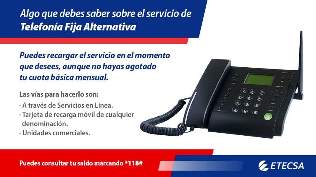 También puedes recargar tu Teléfono Fijo Alternativo: #ServiciosEnLínea 
 #Transfermóvil  Enzona. ¿Quieres realizar llamadas/SMS internacionales? ¿O seguir disfrutando del servicio una vez agotada la cuota básica,Recárgalo con un monto mínimo de 25.00CUP y mantente conectado.