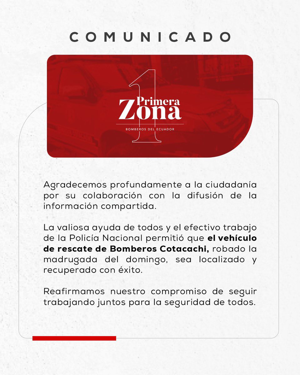 📣 #Atención | Gracias a la colaboración ciudadana y el trabajo conjunto con las entidades de seguridad, el vehículo de #BomberosCotacachi fue recuperado.

❤️ ¡Juntos somos más fuertes!

#BomberosEcuador
#PrimeraZona