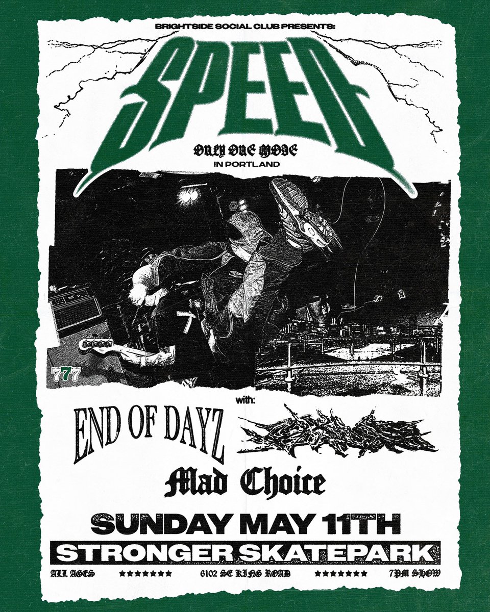 SPEED PORTLAND SKATE PARK SHOW MAY 11. THIS IS ABOUT TO SELL OUT 😁

<a href="/ENDOFDAYZNW/">ENDOFDAYZ</a> 

linktr.ee/gangcalledspee…