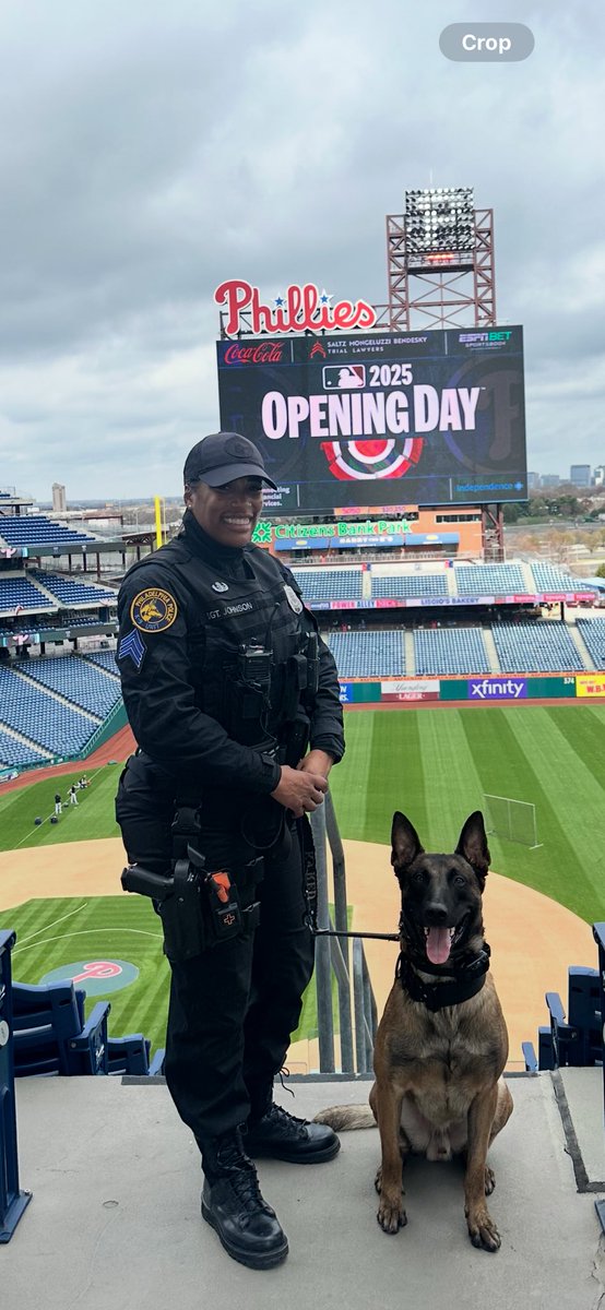 PPDCanineUnit's tweet image. Sergeant Johnson & K9 Red are @Phillies opening day game ready @PhillyPolice