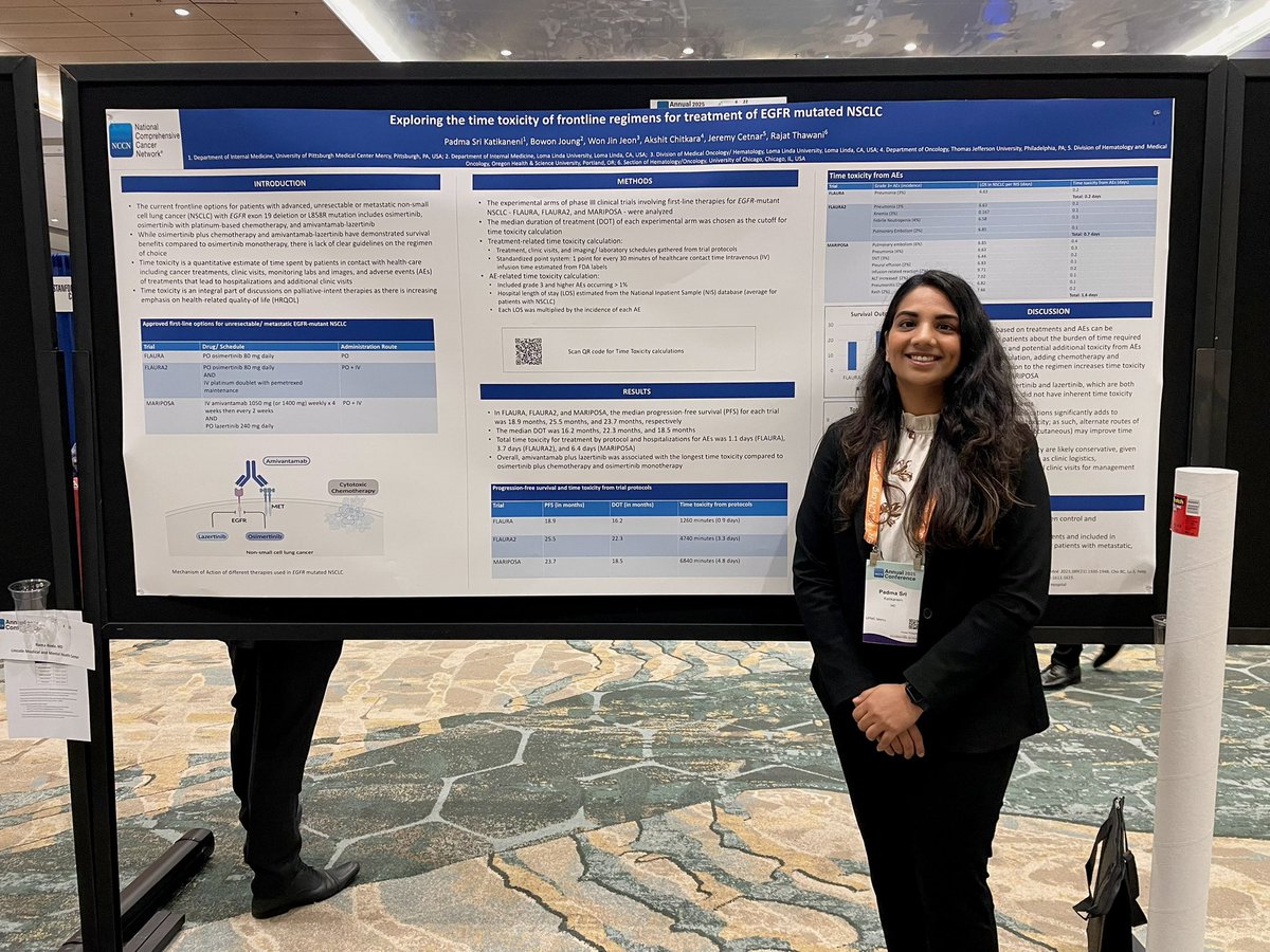Had a great time this weekend at <a href="/NCCN/">National Comprehensive Cancer Network (NCCN)</a> annual conference in Orlando presenting our research on time toxicity of various frontline regimens for treatment of EGFR mutated NSCLC #NCCN2025 
Grateful for the opportunity and mentorship! <a href="/rajatthawani/">Rajat Thawani</a>