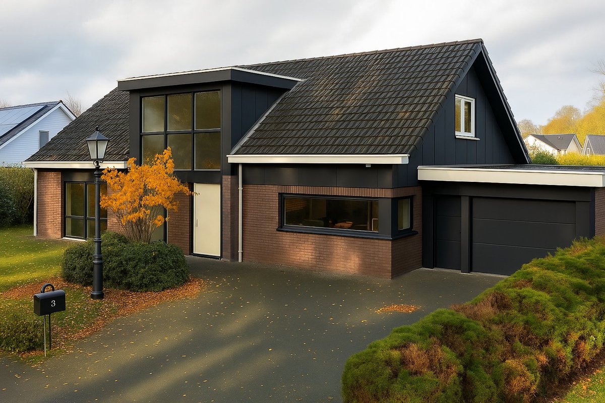 Justinstrikes's tweet photo. @mreflow My parents-in-law were curious about how their house would appear with the garage door, side walls, and dormer painted dark grey, while the gutters, downpipe, and front door were finished in cream white (RAL color 9001). ImageGen could help them visualize it. https://t.co/T4GrHoTOj6