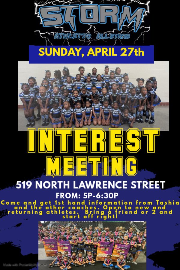 stormathletic's tweet photo. You've been asking! Well come one, come all, and get the news 1st hand yall. Parent interest meeting for new and returning athletes. Add the date to your calendar. Find out what it takes to become a STORM Athletic All-Stars FAMILY MEMBER!! https://t.co/WswlcQeooq