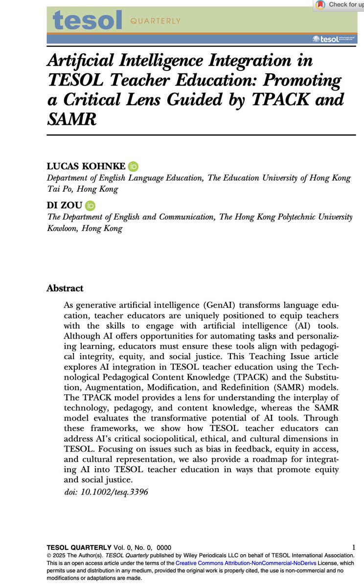 lucas_kohnke's tweet image. Hot of the press!!! Open Access! Kohnke, L., &amp;amp; Zou, D. (2025). Artificial Intelligence Integration in TESOL Teacher Education: Promoting a Critical Lens Guided by TPACK and SAMR. TESOL Quarterly, doi.org/10.1002/tesq.3…
Read and Enjoy!
#EdUHK #AI #QualityEducation #eleimpact