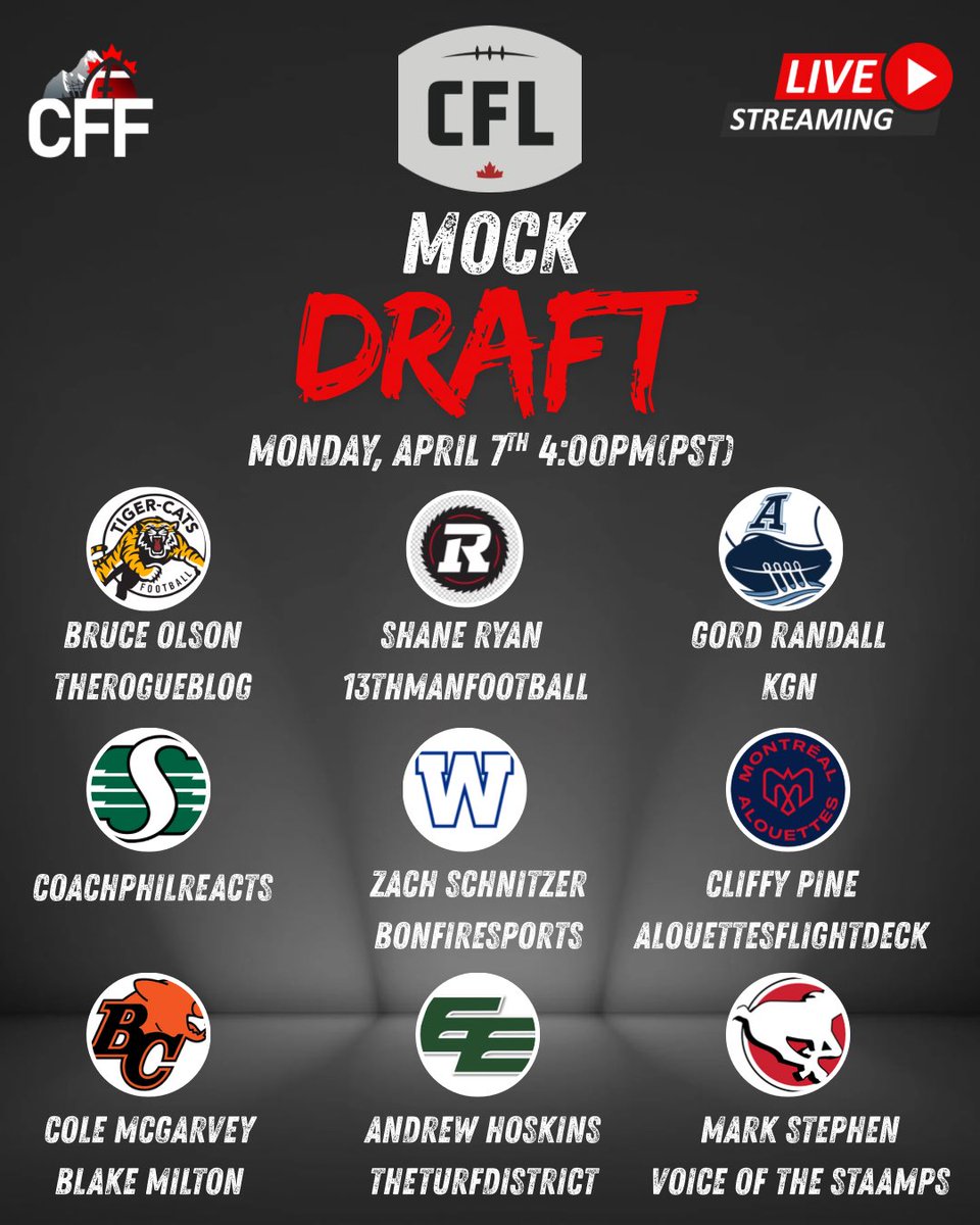 The Canadian Football Fanatics 3-Round @cfl Mock Draft is officially set!🇨🇦🏈

📅 Date: Monday, April 7th
⏰ Time: 4 PM PT | 7 PM ET
📍 Where: Live on the Canadian Football Fantatics YouTube channel

#CFLDraft | #CFLMockDraft