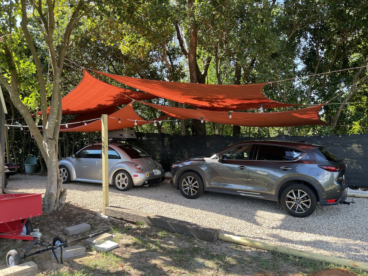Yanis_Luv's tweet image. Weekend project update! Added some shade to the carport with these sails—no more burning-hot seats! Bonus: the string lights make it cozy at night. Still a work in progress, but it’s coming together!
#BackyardProjects #CarportUpgrade #shadesails #patiogoals #gardendesign