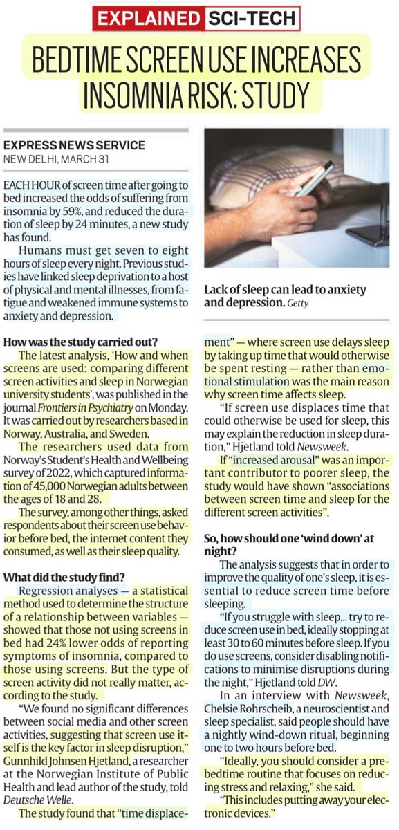 imRavikantYadav's tweet image. 'Bedtime screen use increases Insomnia risk: Study'
:Details
#bedtime #ScreenTime
#sleep #Deprivation #Insomnia
#Physical #MentalIllness #Anxiety #depression #immunesystems 📉
#RegressionAnalyses
#TimeDisplacement #EmotionalStimulation #stress
#Health
#UPSC
Source: IE