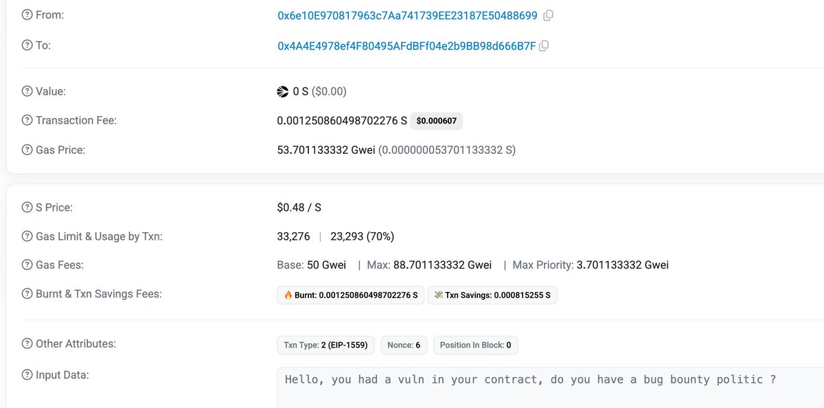 BlockSec Phalcon (@phalcon_xyz) on Twitter photo 🚨 ALERT! Our system has detected a suspicious transaction on <a href="/SonicLabs/">Sonic Labs</a>, resulting in a loss of ~$45K. While the relevant unknown contracts are not open source, the issue appears to be an accounting flaw that allows repaying 0 to withdraw collateral and profit.
The 'hacker' is 🚨 ALERT! Our system has detected a suspicious transaction on <a href="/SonicLabs/">Sonic Labs</a>, resulting in a loss of ~$45K. While the relevant unknown contracts are not open source, the issue appears to be an accounting flaw that allows repaying 0 to withdraw collateral and profit.
The 'hacker' is
