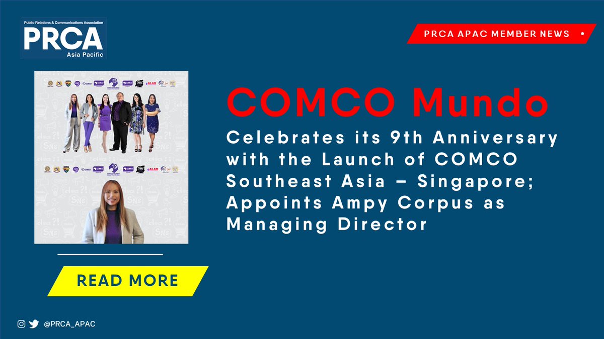 PRCA APAC Member COMCO Mundo League of Enterprises proudly announces the opening of COMCO Southeast Asia – Singapore.

Well done to Ferinand Bondoy, Ampy Corpus and the whole team for this impressive milestone.

Read more: ow.ly/26Tw50VqbJR