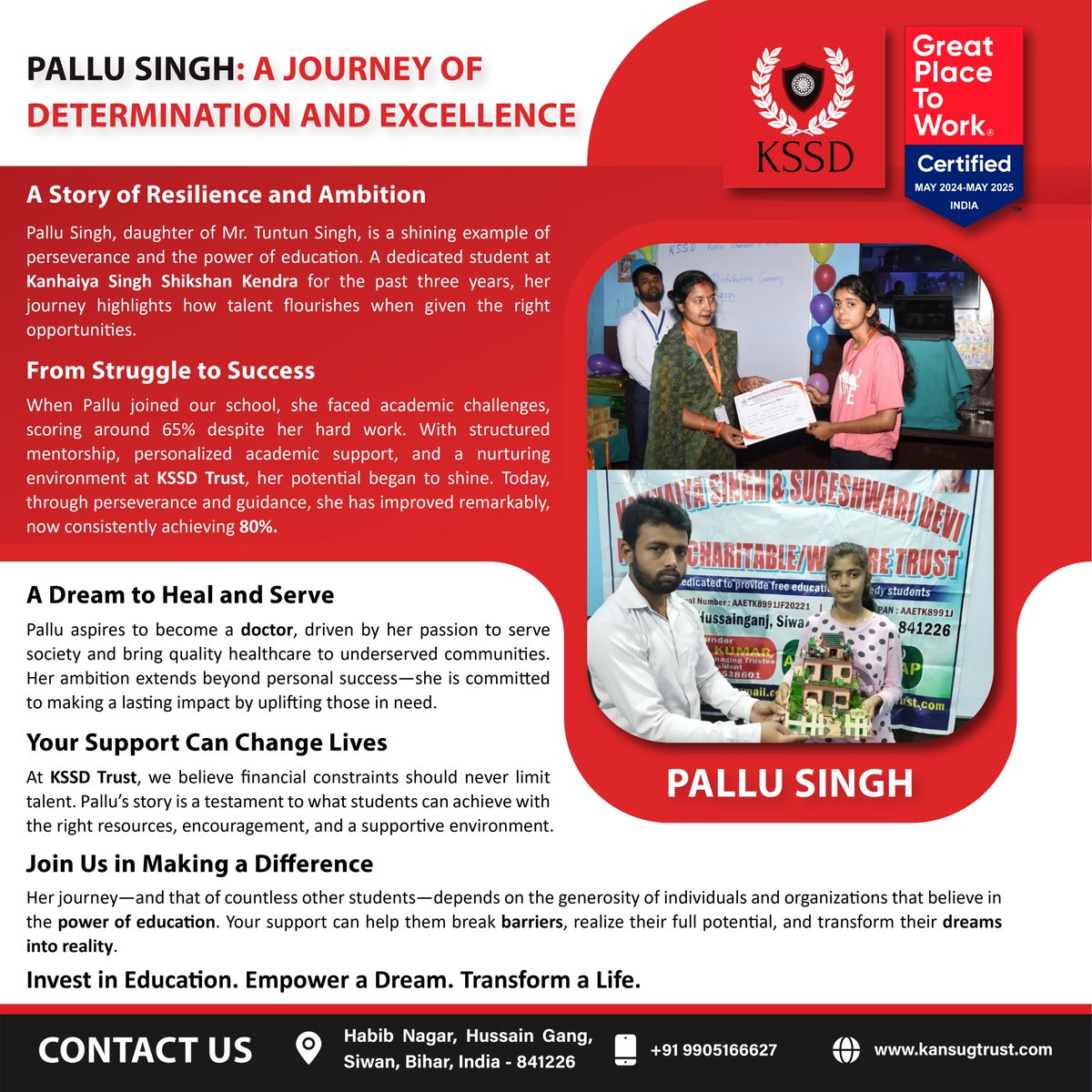 From 65% to 80%, Pallu’s journey proves that education transforms lives! 🚀 She dreams of becoming a doctor. 🏥💙 #KSSDTrust #Success