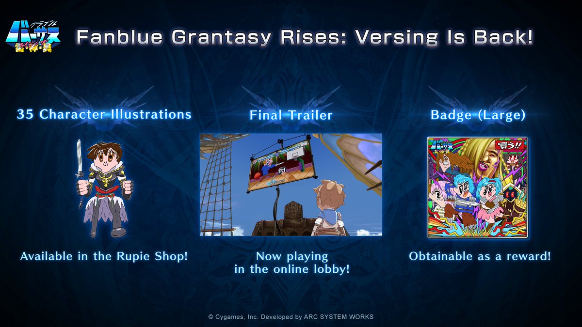 gbvs_official's tweet photo. Fanblue Grantasy Rises: Versing is BACK—you can now enjoy AC-bu's creations in-game!
⚡️ AC-bu character illustrations in the Rupie Shop
⚡️ Online Lobby theater and Main Menu music spotlight
⚡️ Special challenges & rewards available until 8 a.m., April 30 (PT)
#GBVSR #ACBu https://t.co/nIzp4icSgC