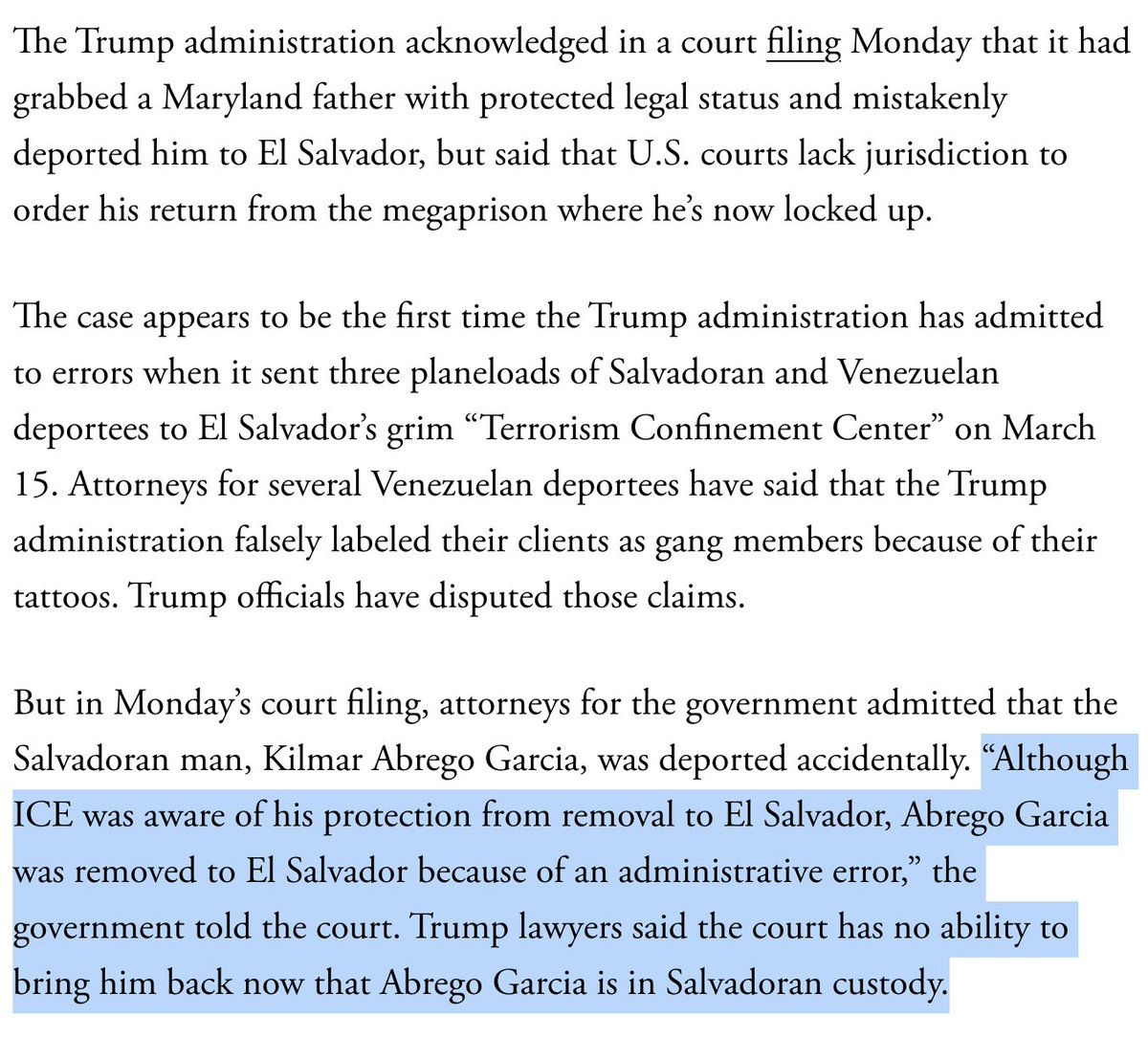 TVietor08's tweet image. The Trump administration now admits it wrongfully deported an innocent man to El Salvador, but claims they can&apos;t get him back...The WH could literally make one phone call to Bukele and have this guy back tomorrow.