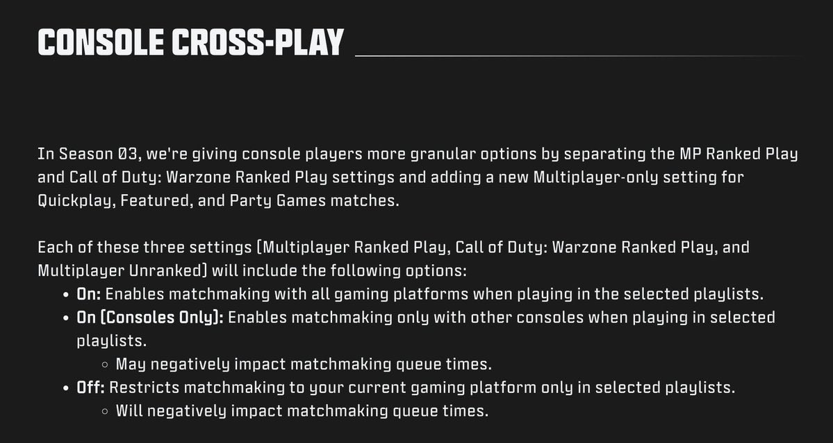 🚨 بدايةً من الموسم الثالث للعبة #BlackOps6 أصبح بإمكان لاعبي أجهزة الكونسل إيقاف تشغيل اللعب المتبادل في مباريات اللعب الجماعي العادية واللعب المصنف في اللعب الجماعي و #Warzone بحيث يستطيعون اللعب فقط ضد أجهزة الكونسل (إكسبوكس + بلايستيشن) بدون البي سي