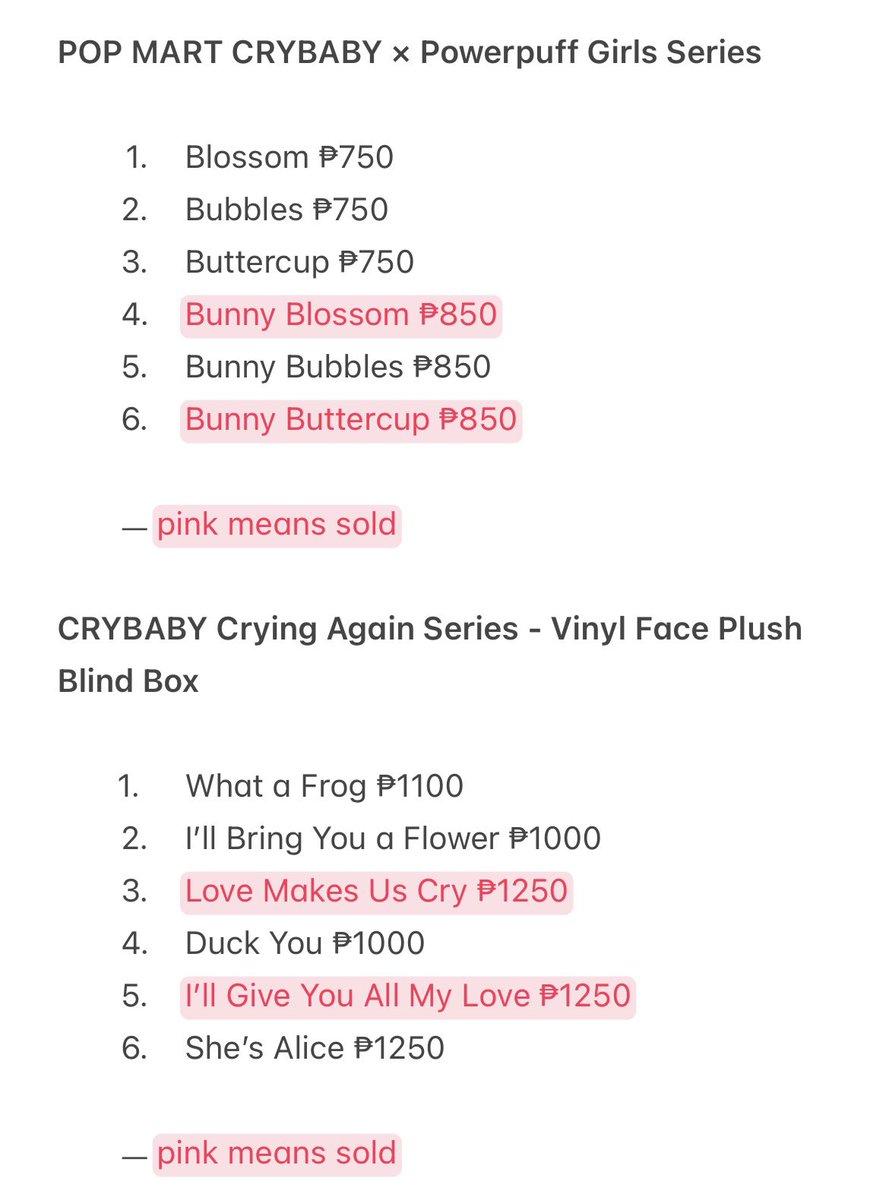 shinryvna's tweet photo. for sale wts lfb wts hirono crybaby ‼️

all sealed foil and box except crybaby powerpuff girls (open bottom, sealed foil). purchased from website popmart !

📍 cavite 
💸 mop: gcash payo 
🚗 shipping via j&amp;t or sdd via lalamove (buyer must shoulder the fee) https://t.co/ZAE3hUMLtg