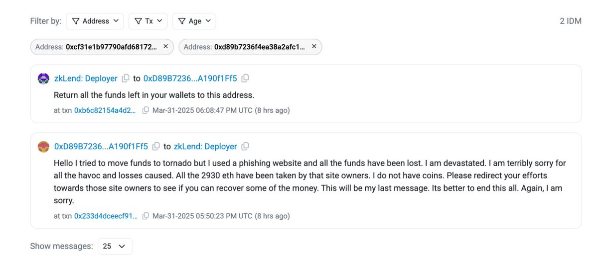 Karma hit fast.

Hacker steals 2,930 $ETH($5.4M) from zkLend... then gets phished while using Tornado Cash.

All 2,930 $ETH($5.4M) gone — to another thief.

etherscan.io/idm?addresses=…
