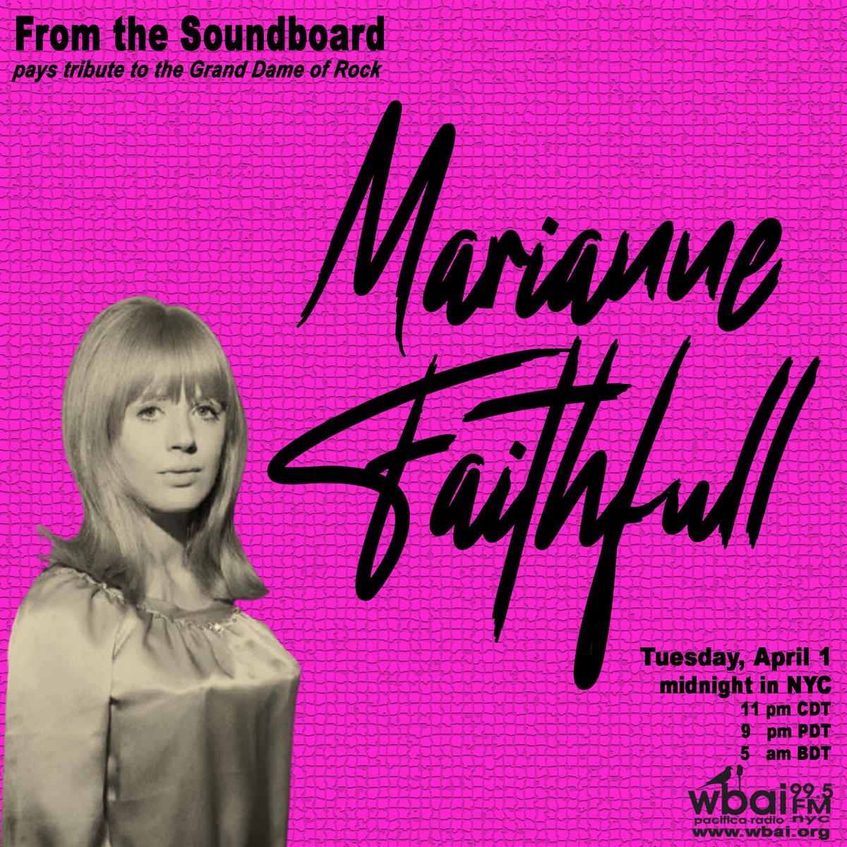 WBAI New York at 99.5 FM, streaming at wbai.org (@wbai) on Twitter photo 4/1 at midnight (that's Monday into Tuesday) #FromtheSoundboard pays to the #GrandDameofRock by reairing the show on #MarianneFaithfull rebrand.ly/FTSB-MariFaith <a href="/Faithfull_M/">Marianne Faithfull</a> @Fusicology <a href="/deepdancenyc/">Reggie Johnson</a> 4/1 at midnight (that's Monday into Tuesday) #FromtheSoundboard pays to the #GrandDameofRock by reairing the show on #MarianneFaithfull rebrand.ly/FTSB-MariFaith <a href="/Faithfull_M/">Marianne Faithfull</a> @Fusicology <a href="/deepdancenyc/">Reggie Johnson</a>